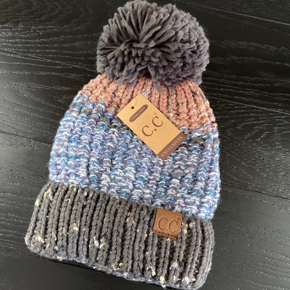 C.C Exclusive Gray & Denim Lined Beanie w/Pom Pom - Picture 5 of 8